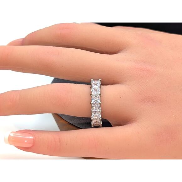 Silver Tone Square Cut CZ Eternity Band Ring Size 6.5 - Picture 2 of 6